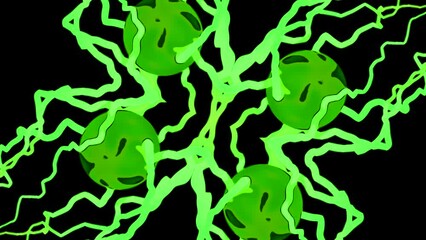 Poster - Animation with balls and moving lines of electricity. Design. Pattern with colored electric lines and balls on black background. Geometric moving pattern with electric abstract impulses of lines