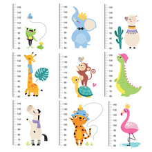 Growth Rulers With Cute Animal At Kids Height Meter Vector Set