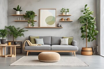 Wall Mural - The living room has a fashionable design, featuring a gray sofa, a trendy pouf, a coffee table, plants, pillows, and sophisticated personal accessories. The room also has wooden panels with a shelf