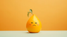 Funny lemon with sad face on orange background. Bad day concept.