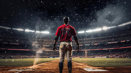 Baseball player in action on the stadium at night. 