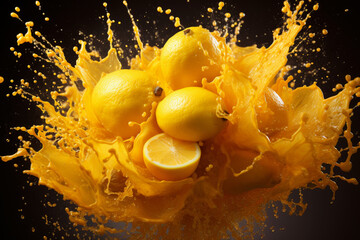 Wall Mural - Explosion of taste, lemon on black background in a splash of juice, citrus lemonade, refreshing juicy fruit concept