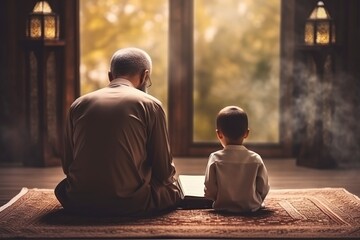 father and his son pray the koran in a mosque