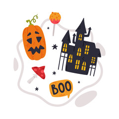 Wall Mural - Haunted Castle, Candy and Pumpkin as Halloween Trick or Treat Night Party Element Vector Illustration