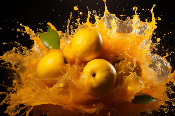 Wall Mural - Explosion of taste, apple on dark background in a splash of juice, refreshing juicy fruit concept