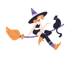 Poster - Happy Woman Witch at Halloween Party Flying on Broom with Black Cat Vector Illustration