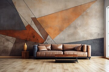 Wall Mural - A room background with an abstract wallpaper backdrop featuring a design of brown wooden floor and cement wall decoration.