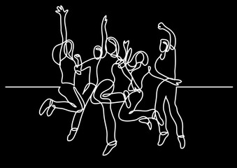 Wall Mural - continuous line drawing vector illustration with FULLY EDITABLE STROKE of happy jumping persons as concept of happiness on black background