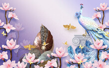 Peacock 3d Wallpaper Background With Butterflies, 3d Wallpaper For Living Room Decoration Mural Art Design