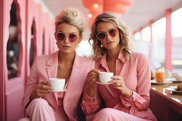 Two blonde woman drinking coffee in pink cafe