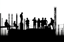 A Black And White Silhouette Of Construction Workers On Different Levels Of A Site. An Image Of Teamwork Or A Challenge Of Heights