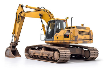 A yellow excavator with a long arm and a bucket on a white background. A machine for digging or a toy for playing