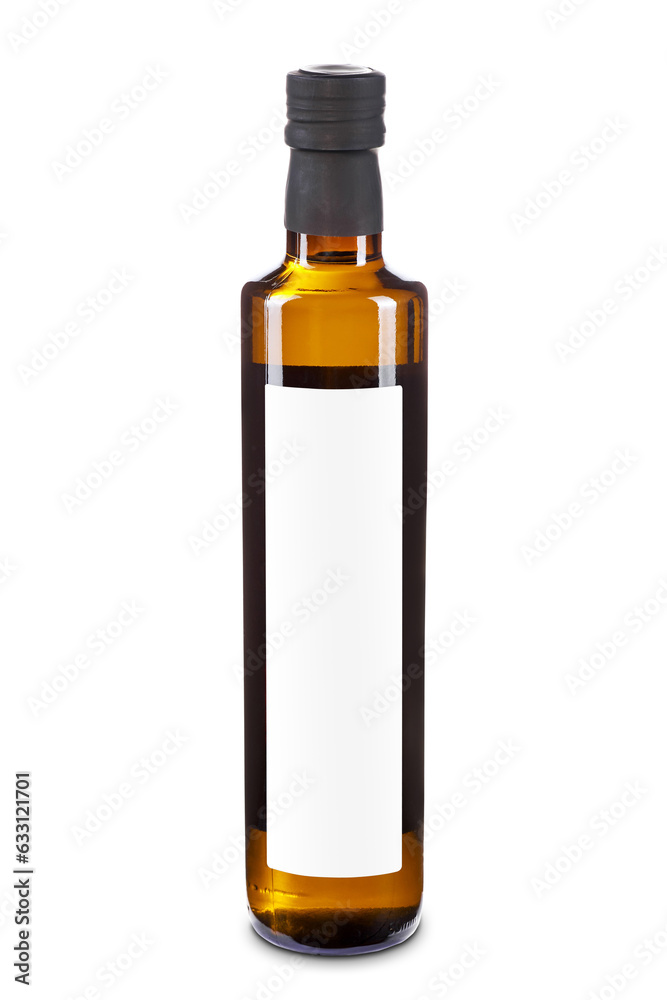 Brown glass olive oil or vinegar bottle with white label isolated on ...