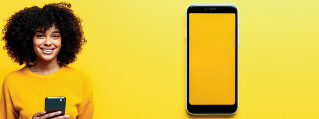 Young woman next to mockup cell phone on yellow background. Leave space for text. 3