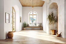 Mediterranean, Coastal Style Interior Design Of Modern Entrance Hall With Arched Door In Farmhouse.