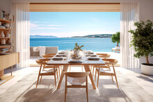 Mediterranean Interior Design Of Modern Dining Room In Seaside Villa With Stunning Sea View.