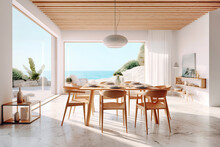 Mediterranean Interior Design Of Modern Dining Room In Seaside Villa With Stunning Sea View.