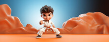 Cartoon Style Young Martial Arts Player Boy In Challenge Pose For Training And Success At Self Defense Sports Like Karate , Kung Fu And Judo Championships As Wide Banner With Copy Space Area