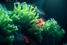 Close Up Of A Green Anemone Or Coral Reef Under The Sea, Created With Generative AI