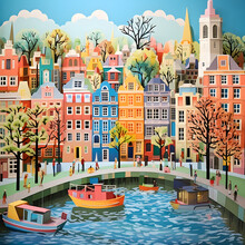 Amsterdam, Paper Art Collage, Vibrant Amsterdam, Canal, Layered Color Paper, Travel Wallpaper, 