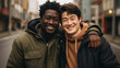 Background illustrating the bond of friendship between two men - A people-focused photograph capturing the joyous moment of young adults happily embracing as friends, showcasing di 
