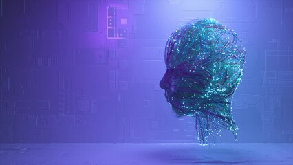 Poster - ai concept . the neural system is improved and creates a human face. blue neon color. abstract backg