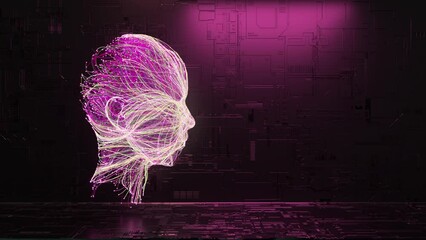 Poster - the concept of creating ai. the neural system is improved and creates a human face. purple neon colo