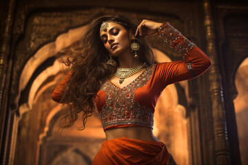 Portrait of a Beautiful Indian Girl Dancer Inside Old Palace