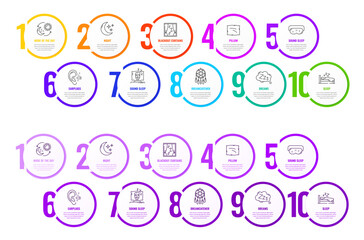 Poster - Sleep line infographics. Vector step diagram, process info graphic, timeline charts and graphs set with 10 options for healthy sleeping. Color circles step charts with outline bed, pillow, moon icons
