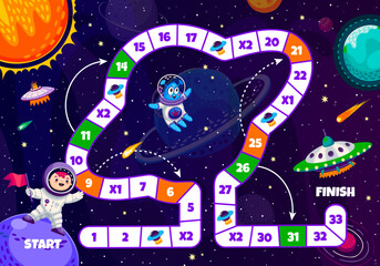 Aufkleber - Kids board game. Cartoon astronaut, alien, spaceship and galaxy space planets puzzle vector worksheet. Space map with path from spaceman to UFO, numbers, start, finish and arrows, starry background