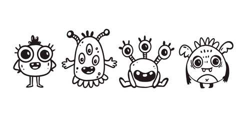 Wall Mural - Set of cute cartoon monsters in doodle style. Funny characters on white background. Icon monster. Alien