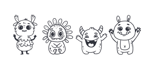 Wall Mural - set of cute cartoon monsters in doodle style. funny characters on white background. icon monster. al