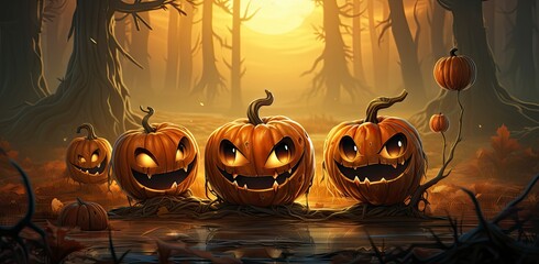 Wall Mural - Funny halloween pumpkins on scary background. Illustrations perfect for tickets, flyers, advertising, etc.