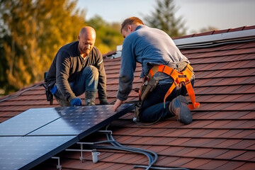 Wall Mural - two workers install solar panels on the roof of a house. alternative energy sources.