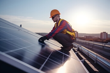 Wall Mural - a worker installs solar panels on the roof of a house. alternative energy sources.