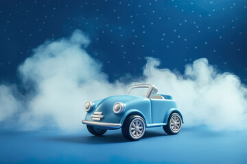 Wall Mural - Blue background with toy car and copy space. It's a boy backdrop with empty space for text. Baby shower or birthday invitation, party. Baby boy birth announcement. Men's Day. Generative AI.