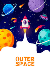 Poster - Cartoon space flyer with rocket launch to galaxy planets and alien UFO spaceship, vector background. Rocket start up launch of shuttle spaceship to starry sky for outer space and galaxy exploration