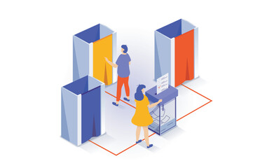 Leinwandbilder - Election and voting concept in 3d isometric design. People go at polling stations and vote in booths and putting list with checkmarks in box. Vector illustration with isometry scene for web graphic