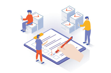 Leinwandbilder - Election and voting concept in 3d isometric design. People vote and ticking checkbox in ballot paper, support political candidate or party. Vector illustration with isometry scene for web graphic