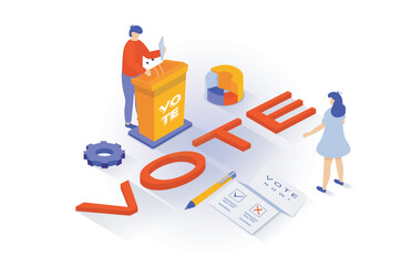 Leinwandbilder - Election and voting concept in 3d isometric design. People vote in democracy elections and meet with politicians during election campaigns. Vector illustration with isometry scene for web graphic