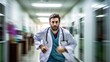 Male doctor running nervously in hospital corridor.