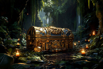 Wall Mural - Background environment of hidden treasure chest behind 3D abstract tropical waterfall for adventure mobile game. Treasure chest cartoon style in game art background environment.