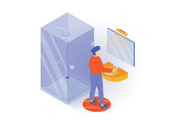 Poster - Home interior concept in 3d isometric design. People in small bathroom with shower cabin, carpet on floor, mirror on wall, sink and faucet. Vector illustration with isometry scene for web graphic