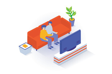 Wall Mural - Home interior concept in 3d isometric design. People rest in living room, sit on sofa with side table and plant, watching tv plasma on stand. Vector illustration with isometry scene for web graphic