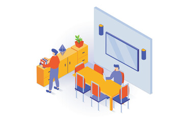 Poster - Home interior concept in 3d isometric design. People in workplace with open space with table and chairs, office cabinets with folders and plant. Vector illustration with isometry scene for web graphic