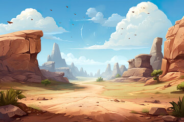 Wall Mural - Abstract 2D desert cave background environment for adventure or battle mobile game. Desert cave cartoon style with rocks in game art background environment.