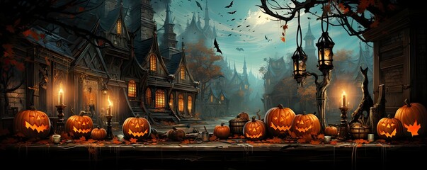 Wall Mural - Halloween night with a spooky house and bats, halloween background.