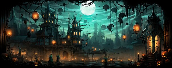 Wall Mural - Halloween night with a spooky house and bats, halloween background.