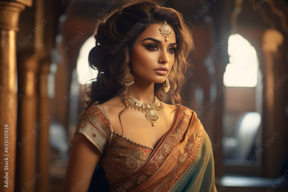Portrait of a Beautiful Indian Woman in Saree and Jewellery in Indian ...