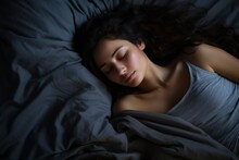 Close-up Portrait Of A Fictional Young Woman Sleeping In A Bed At Night. Generative AI.
